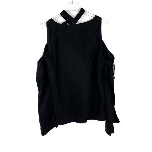 NWT Line & Dot Cupro Cold Shoulder Top Tie Neck Black Size Large L NEW - Picture 12 of 15